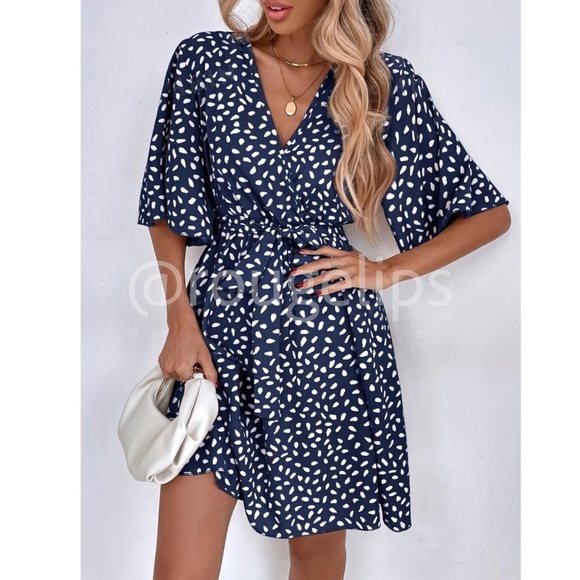 Navy Blue All Over Print Dress White Dalmatian, Spotted Faux Wrap, Tie Belt - Picture 5 of 8